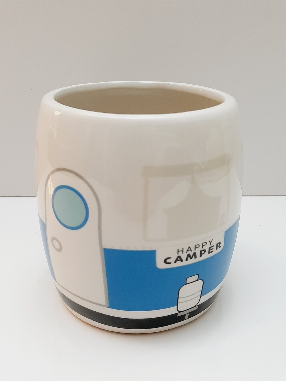 🍒 Streamline HAPPY CAMPER Novelty Retro Van Cup Blue & White Ceramic Coffee Mug